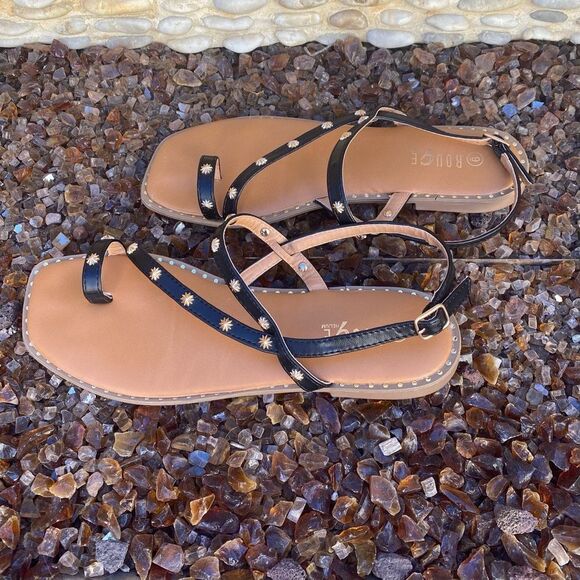 Rouge Helium Black Sandals w/ Gold Starburst Studs. Size 9. EUC - Picture 4 of 5